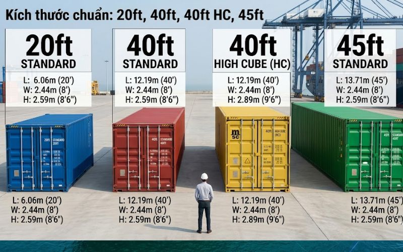 Bảng so sánh kích thước từng container